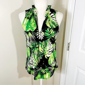 White House Black Market Black Green Tropical V-Neck Sleeveless Blouse - XS